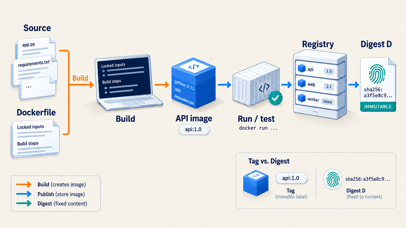 Source and Dockerfile are build inputs. The API image is run and tested before publication. The registry stores the resulting artifact; digest D identifies its exact content.